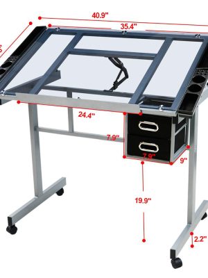 Costoffs Adjustable Drawing Craft Table, 41" Glass Art Desk on Wheels with Storage Drawers for Artists & Home Office, Versatile Rolling Drawing Station, Christmas Gift