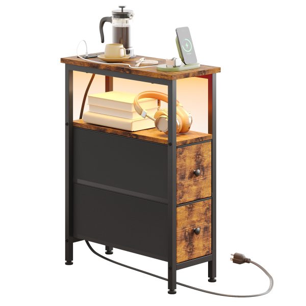 local-goods-image-20237f5034-22697e81-0c2f-421d-b652-6a547bd0e305_1600x1600.jpeg.format WHONLINE Narrow End Table Living Room with Charging Station, Skinny Side Table with Fabric Drawers, Slim LED Nightstand for Bedroom, Small Spaces, Couch, Rustic Brown