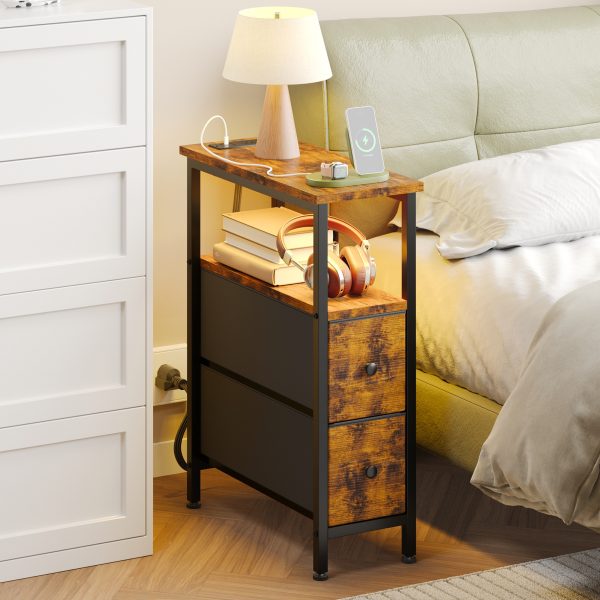 local-goods-image-20237f5034-47cd6908-7bae-46e8-af38-4d572e7318c9_1600x1600.jpeg.format WHONLINE Narrow End Table Living Room with Charging Station, Skinny Side Table with Fabric Drawers, Slim LED Nightstand for Bedroom, Small Spaces, Couch, Rustic Brown