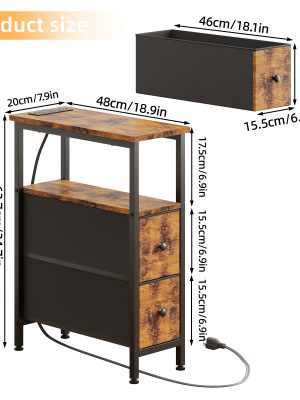 WHONLINE Narrow End Table Living Room with Charging Station, Skinny Side Table with Fabric Drawers, Slim LED Nightstand for Bedroom, Small Spaces, Couch, Rustic Brown