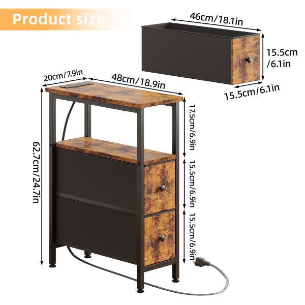 local-goods-image-20237f5034-9ec30fe3-76f6-4627-91d1-7c33296b7595_1600x1600.jpeg.format WHONLINE Narrow End Table Living Room with Charging Station, Skinny Side Table with Fabric Drawers, Slim LED Nightstand for Bedroom, Small Spaces, Couch, Rustic Brown