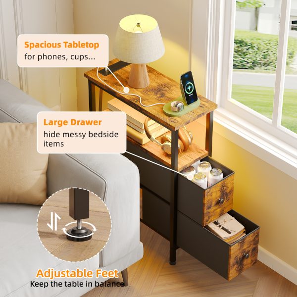 local-goods-image-20237f5034-efd394d2-924c-40b2-8ae2-b6b0a3e76e0a_1600x1600.jpeg.format WHONLINE Narrow End Table Living Room with Charging Station, Skinny Side Table with Fabric Drawers, Slim LED Nightstand for Bedroom, Small Spaces, Couch, Rustic Brown