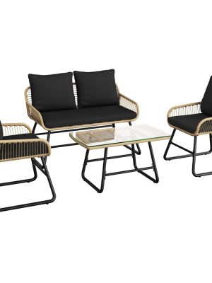 Costoffs 3pcs/4pcs Boho Patio Furniture Sets: Outdoor Wicker Bistro & Conversation Sets with Cushions for Balcony, Porch, Backyard, and Garden, Stylish and Comfortable Outdoor Patio Furniture, Cream/Black
