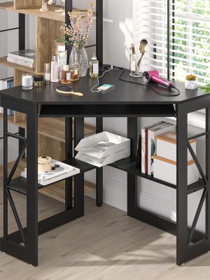 Corner Computer Desk with Charging Station and Keyboard Shelf, Triangle Table with Storage Shelves for Home Office Bedroom