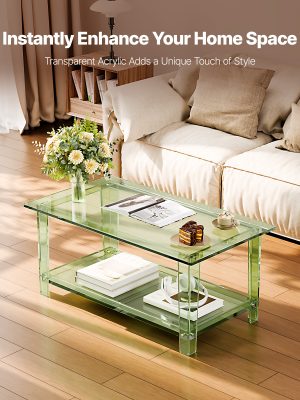 VEVOR Acrylic Coffee Table, 2 Tiers Center Table with Storage Shelf, Modern Rectangle Acrylic Coffee Desk, Ideal for Dining Room, Kitchen Island, Restaurant, Office, 19.7 x 31.5 x 15 in / 19.7 x 31.5 x 15.7 in (Green/Clear)
