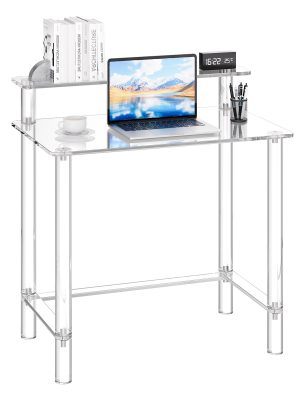 VEVOR Acrylic Table, 2 Tiers Clear Office Desk with Monitor Stand, Acrylic Study Computer Desk, Modern Side End Table Nightstand for Bedroom, Office, Study, Cloakroom, 19.7 x 31.5 x 34.7 in (Clear)