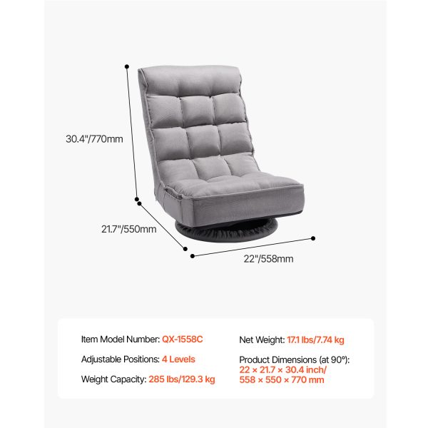 local-goods-image-2079f62283-d590d5dd-4038-4ce5-bddc-06cf9aac351f_1500x1500.jpeg.format VEVOR Swivel Floor Gaming Chair, 360-Degree Rotating Floor Chair with 4 Adjustable Position Folding Backrest and Lumbar Support, Folding Video Reclining Sofa for Watching TV Reading Playing Game, Gray No armrests/with handrails
