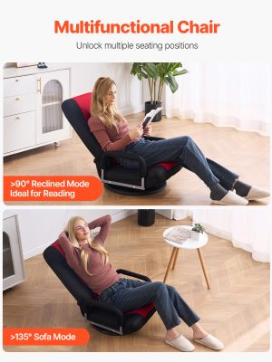 VEVOR Swivel Floor Gaming Chair, 360-Degree Rotating Floor Chair with 4 Adjustable Position Folding Backrest and Lumbar Support, Folding Video Reclining Sofa for Watching TV Reading Playing Game, Gray No armrests/with handrails