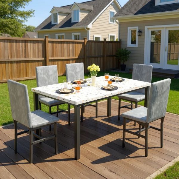 Modern Patio Dining Set for 4, 5-Piece Dining Table Set with 4 Chairs & Faux Marble Table for Small Space, Kitchen Dining Table Set with MDF Broad & Metal Frame for Patio, Dining Room, Kitchen