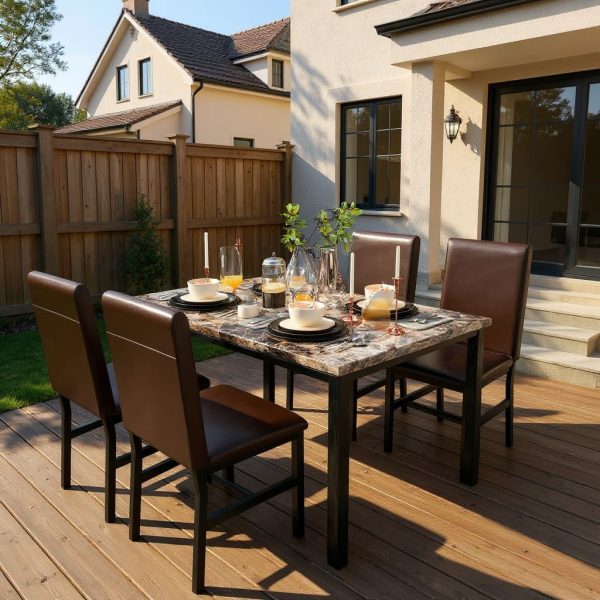 Modern Patio Dining Set for 4, 5-Piece Dining Table Set with 4 Chairs & Faux Marble Table for Small Space, Kitchen Dining Table Set with MDF Broad & Metal Frame for Patio, Dining Room, Kitchen