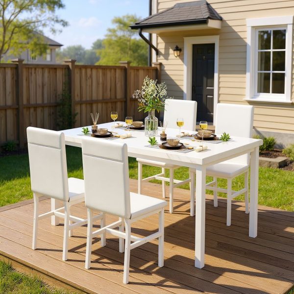 Modern Patio Dining Set for 4, 5-Piece Dining Table Set with 4 Chairs & Faux Marble Table for Small Space, Kitchen Dining Table Set with MDF Broad & Metal Frame for Patio, Dining Room, Kitchen