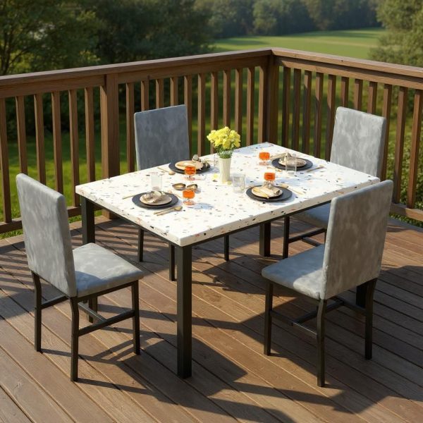 Modern Patio Dining Set for 4, 5-Piece Dining Table Set with 4 Chairs & Faux Marble Table for Small Space, Kitchen Dining Table Set with MDF Broad & Metal Frame for Patio, Dining Room, Kitchen