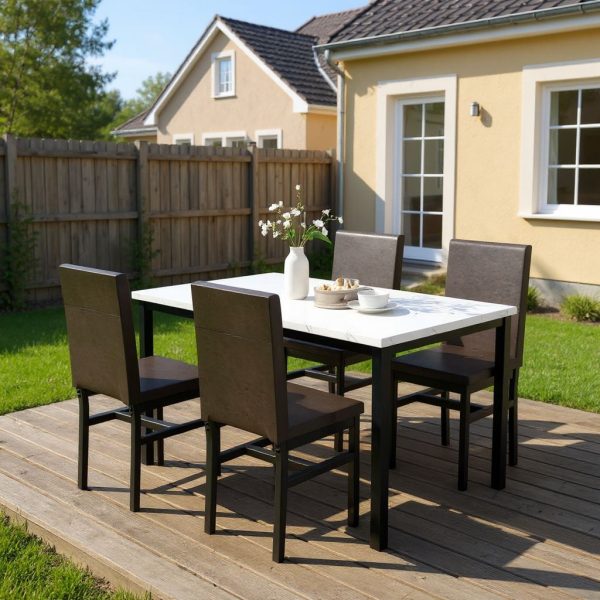 Modern Patio Dining Set for 4, 5-Piece Dining Table Set with 4 Chairs & Faux Marble Table for Small Space, Kitchen Dining Table Set with MDF Broad & Metal Frame for Patio, Dining Room, Kitchen