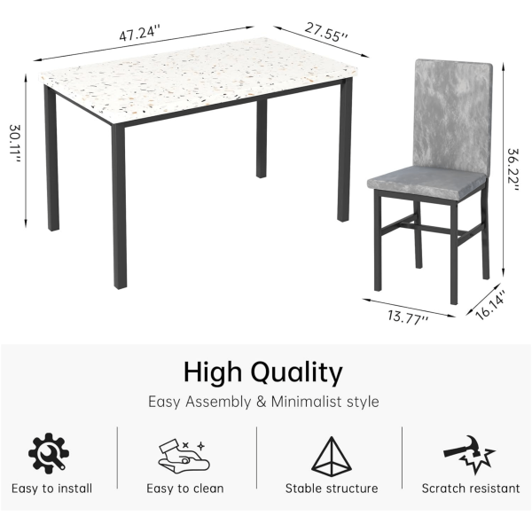 Modern Patio Dining Set for 4, 5-Piece Dining Table Set with 4 Chairs & Faux Marble Table for Small Space, Kitchen Dining Table Set with MDF Broad & Metal Frame for Patio, Dining Room, Kitchen