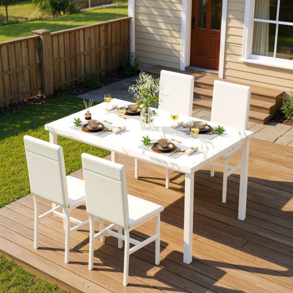 Modern Patio Dining Set for 4, 5-Piece Dining Table Set with 4 Chairs & Faux Marble Table for Small Space, Kitchen Dining Table Set with MDF Broad & Metal Frame for Patio, Dining Room, Kitchen