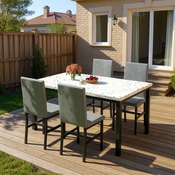 Modern Patio Dining Set for 4, 5-Piece Dining Table Set with 4 Chairs & Faux Marble Table for Small Space, Kitchen Dining Table Set with MDF Broad & Metal Frame for Patio, Dining Room, Kitchen