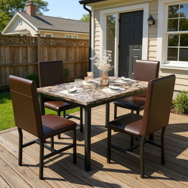 Modern Patio Dining Set for 4, 5-Piece Dining Table Set with 4 Chairs & Faux Marble Table for Small Space, Kitchen Dining Table Set with MDF Broad & Metal Frame for Patio, Dining Room, Kitchen