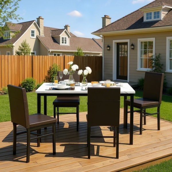 Modern Patio Dining Set for 4, 5-Piece Dining Table Set with 4 Chairs & Faux Marble Table for Small Space, Kitchen Dining Table Set with MDF Broad & Metal Frame for Patio, Dining Room, Kitchen