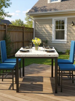 Modern Patio Dining Set for 4, 5-Piece Dining Table Set with 4 Chairs & Faux Marble Table for Small Space, Kitchen Dining Table Set with MDF Broad & Metal Frame for Patio, Dining Room, Kitchen