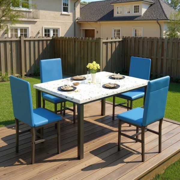 Modern Patio Dining Set for 4, 5-Piece Dining Table Set with 4 Chairs & Faux Marble Table for Small Space, Kitchen Dining Table Set with MDF Broad & Metal Frame for Patio, Dining Room, Kitchen