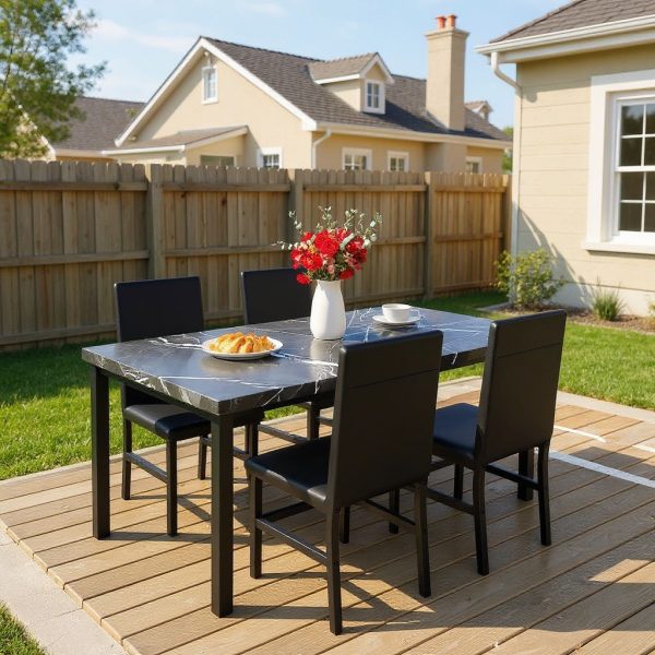 Modern Patio Dining Set for 4, 5-Piece Dining Table Set with 4 Chairs & Faux Marble Table for Small Space, Kitchen Dining Table Set with MDF Broad & Metal Frame for Patio, Dining Room, Kitchen