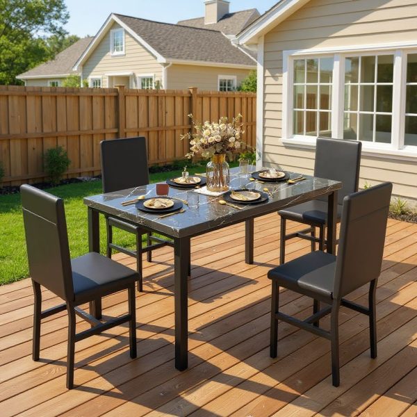 Modern Patio Dining Set for 4, 5-Piece Dining Table Set with 4 Chairs & Faux Marble Table for Small Space, Kitchen Dining Table Set with MDF Broad & Metal Frame for Patio, Dining Room, Kitchen