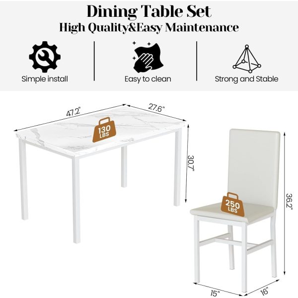 Modern Patio Dining Set for 4, 5-Piece Dining Table Set with 4 Chairs & Faux Marble Table for Small Space, Kitchen Dining Table Set with MDF Broad & Metal Frame for Patio, Dining Room, Kitchen