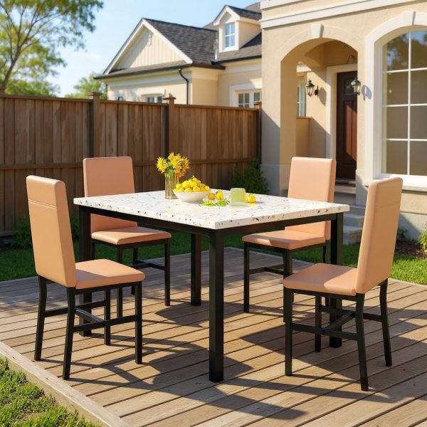 Modern Patio Dining Set for 4, 5-Piece Dining Table Set with 4 Chairs & Faux Marble Table for Small Space, Kitchen Dining Table Set with MDF Broad & Metal Frame for Patio, Dining Room, Kitchen