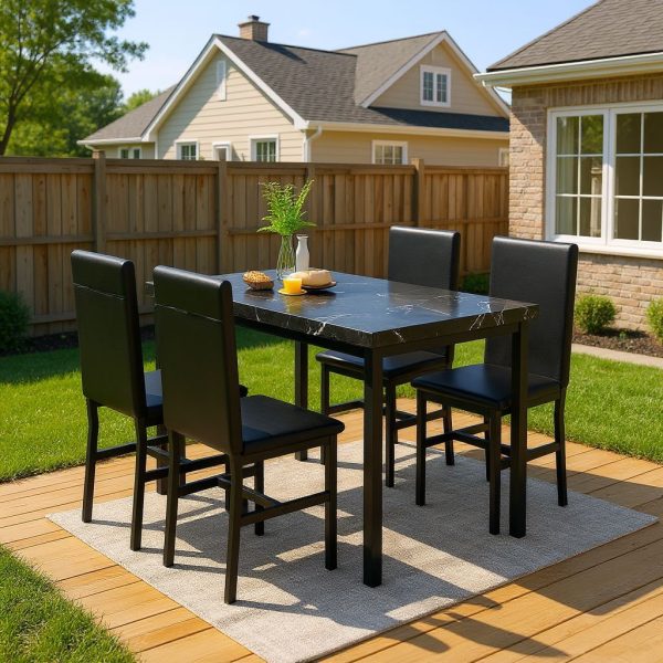 Modern Patio Dining Set for 4, 5-Piece Dining Table Set with 4 Chairs & Faux Marble Table for Small Space, Kitchen Dining Table Set with MDF Broad & Metal Frame for Patio, Dining Room, Kitchen