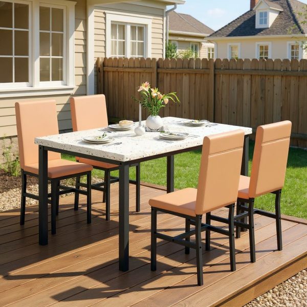 Modern Patio Dining Set for 4, 5-Piece Dining Table Set with 4 Chairs & Faux Marble Table for Small Space, Kitchen Dining Table Set with MDF Broad & Metal Frame for Patio, Dining Room, Kitchen