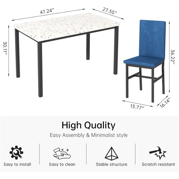 Modern Patio Dining Set for 4, 5-Piece Dining Table Set with 4 Chairs & Faux Marble Table for Small Space, Kitchen Dining Table Set with MDF Broad & Metal Frame for Patio, Dining Room, Kitchen