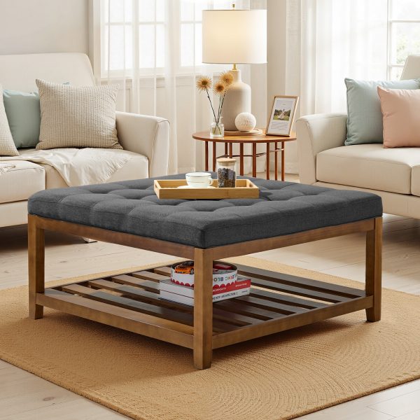 VEVOR Large Round/Square Ottoman Coffee Table 31.9 Inch Upholstered Tufted Linen/Dark gray Ottoman