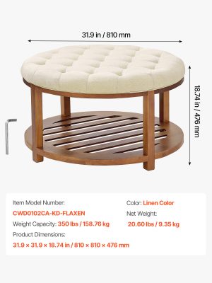 VEVOR Large Round/Square Ottoman Coffee Table 31.9 Inch Upholstered Tufted Linen/Dark gray Ottoman