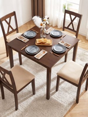 COSTWAY Wooden Dining Chairs Set of 4, Fabric Upholstered Kitchen Chairs with Rubber Wood Frame, Curved Backrest & Padded Wide Seat, Modern Armless Side Chairs for Dining Room, Living Room and Restaurant