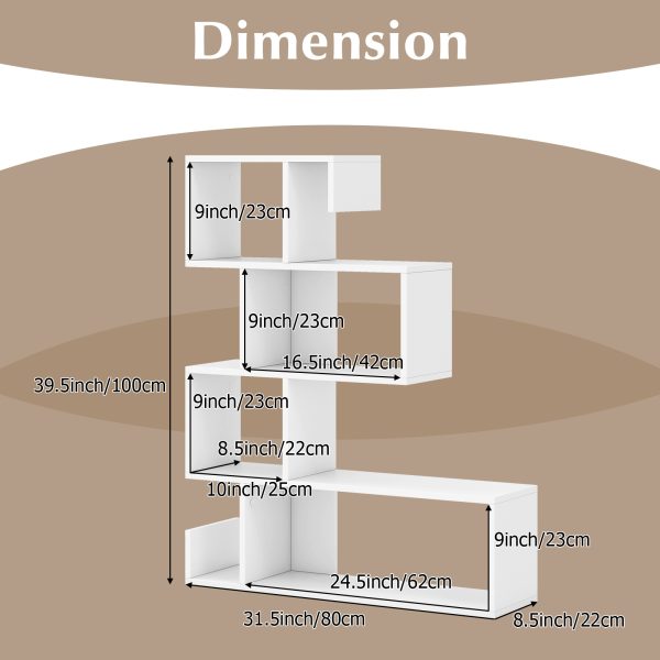 local-goods-image-21137b232c2-6a79a21d-4d54-4227-8e7b-8a8bcc3e7acc COSTWAY 5-Tier S-Shaped Bookshelf, Modern Geometric Bookcase with Anti-Tip Safety Kits, Freestanding Corner Ladder Bookcase for Home or Office, White