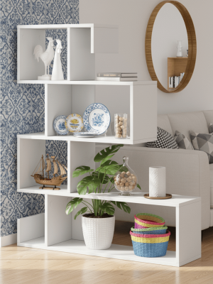 COSTWAY 5-Tier S-Shaped Bookshelf, Modern Geometric Bookcase with Anti-Tip Safety Kits, Freestanding Corner Ladder Bookcase for Home or Office, White