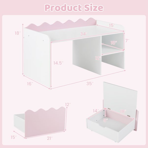 local-goods-image-21137b243de-49d01a4a-9910-423b-b030-42e5f9d197af COSTWAY Scalloped Kids Bookshelf and Toy Storage Organizer, Wooden Toddler Book Rack with Movable Drawer, Flip-up Top & 4 Universal Wheels, Anti-toppling Kit, Indoor Children Furniture for Playroom, Bedroom