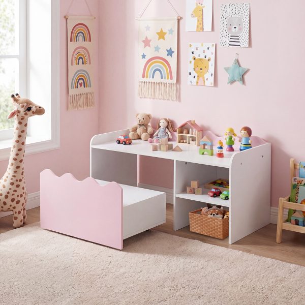 local-goods-image-21137b243de-7a3e25bf-c015-4a1c-9366-409ae55694e0-1 COSTWAY Scalloped Kids Bookshelf and Toy Storage Organizer, Wooden Toddler Book Rack with Movable Drawer, Flip-up Top & 4 Universal Wheels, Anti-toppling Kit, Indoor Children Furniture for Playroom, Bedroom