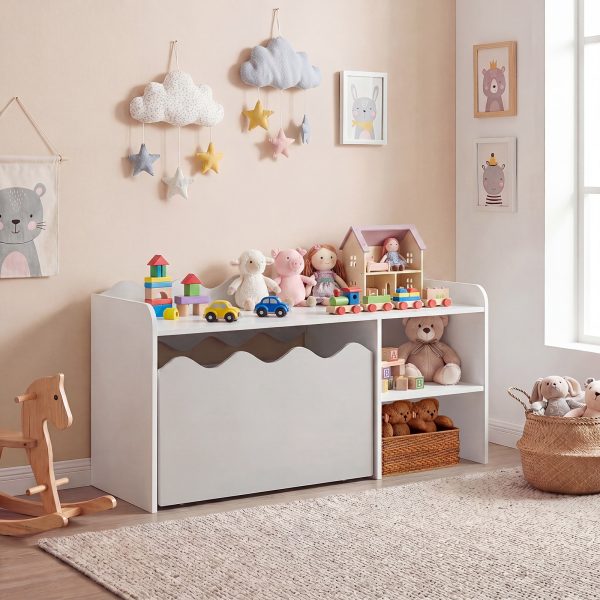 local-goods-image-21137b243de-b53b611f-a090-41d0-863e-d41535b53f5a COSTWAY Scalloped Kids Bookshelf and Toy Storage Organizer, Wooden Toddler Book Rack with Movable Drawer, Flip-up Top & 4 Universal Wheels, Anti-toppling Kit, Indoor Children Furniture for Playroom, Bedroom