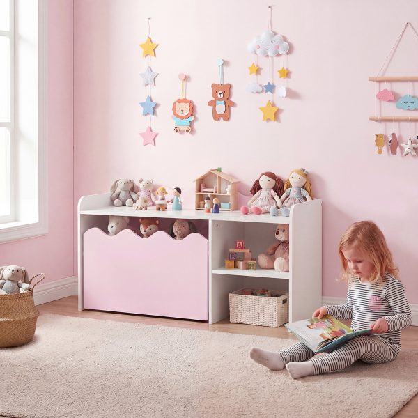 local-goods-image-21137b243de-c40f4f66-f7dc-4f45-9daa-82c712992eb1 COSTWAY Scalloped Kids Bookshelf and Toy Storage Organizer, Wooden Toddler Book Rack with Movable Drawer, Flip-up Top & 4 Universal Wheels, Anti-toppling Kit, Indoor Children Furniture for Playroom, Bedroom