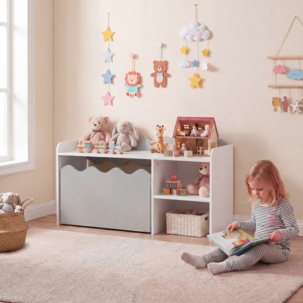local-goods-image-21137b243de-c9905b75-565d-4b29-9c8f-cc960bfe840e-1 COSTWAY Scalloped Kids Bookshelf and Toy Storage Organizer, Wooden Toddler Book Rack with Movable Drawer, Flip-up Top & 4 Universal Wheels, Anti-toppling Kit, Indoor Children Furniture for Playroom, Bedroom