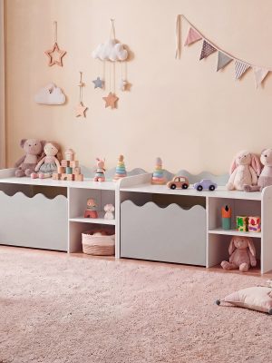 COSTWAY Scalloped Kids Bookshelf and Toy Storage Organizer, Wooden Toddler Book Rack with Movable Drawer, Flip-up Top & 4 Universal Wheels, Anti-toppling Kit, Indoor Children Furniture for Playroom, Bedroom