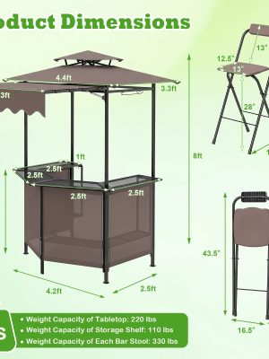 COSTWAY 3-Piece Patio Bar Set, Outdoor Grill Gazebo & 2 Folding Bar Stools w/4 Slatted Metal Shelves, 6 Hanging Hooks & Glass Holders for Grilling Essentials, 2-Tier BBQ Gazebo Canopy for Yard, Garden