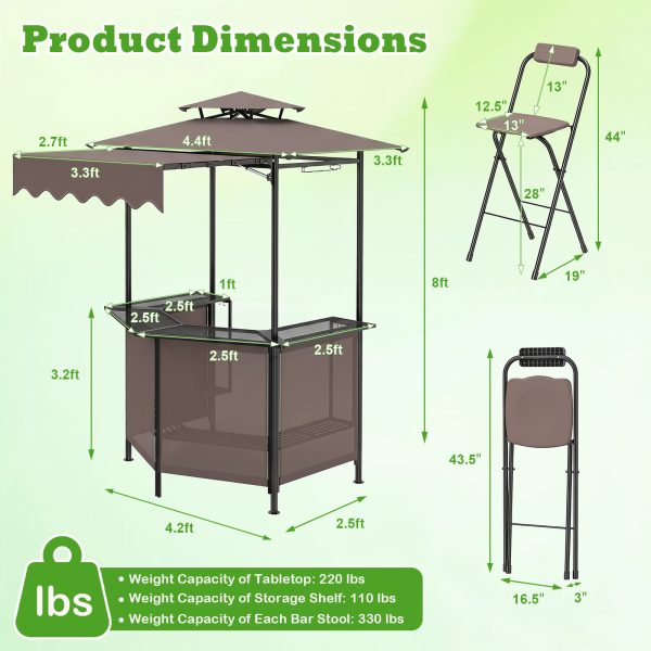 COSTWAY 3-Piece Patio Bar Set, Outdoor Grill Gazebo & 2 Folding Bar Stools w/4 Slatted Metal Shelves, 6 Hanging Hooks & Glass Holders for Grilling Essentials, 2-Tier BBQ Gazebo Canopy for Yard, Garden