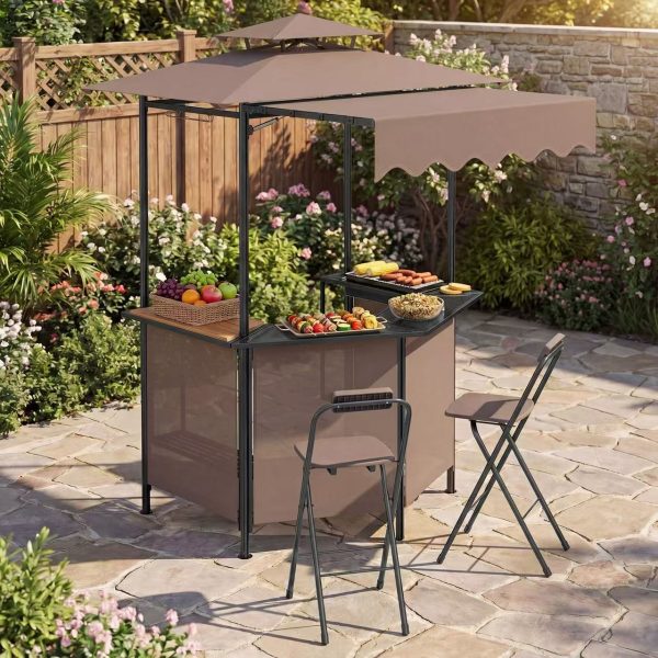 COSTWAY 3-Piece Patio Bar Set, Outdoor Grill Gazebo & 2 Folding Bar Stools w/4 Slatted Metal Shelves, 6 Hanging Hooks & Glass Holders for Grilling Essentials, 2-Tier BBQ Gazebo Canopy for Yard, Garden