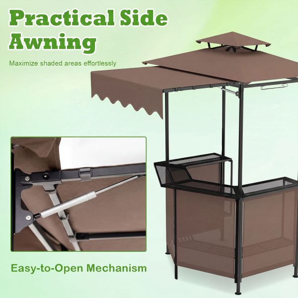 COSTWAY 3-Piece Patio Bar Set, Outdoor Grill Gazebo & 2 Folding Bar Stools w/4 Slatted Metal Shelves, 6 Hanging Hooks & Glass Holders for Grilling Essentials, 2-Tier BBQ Gazebo Canopy for Yard, Garden
