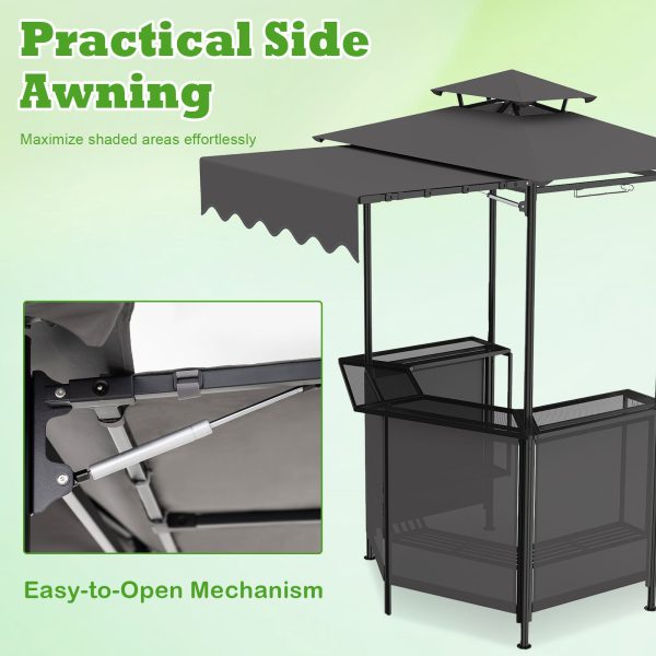 COSTWAY 3-Piece Patio Bar Set, Outdoor Grill Gazebo & 2 Folding Bar Stools w/4 Slatted Metal Shelves, 6 Hanging Hooks & Glass Holders for Grilling Essentials, 2-Tier BBQ Gazebo Canopy for Yard, Garden