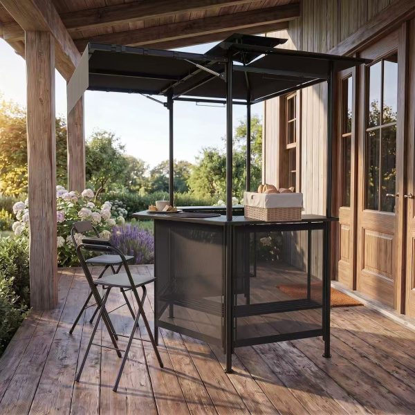 COSTWAY 3-Piece Patio Bar Set, Outdoor Grill Gazebo & 2 Folding Bar Stools w/4 Slatted Metal Shelves, 6 Hanging Hooks & Glass Holders for Grilling Essentials, 2-Tier BBQ Gazebo Canopy for Yard, Garden