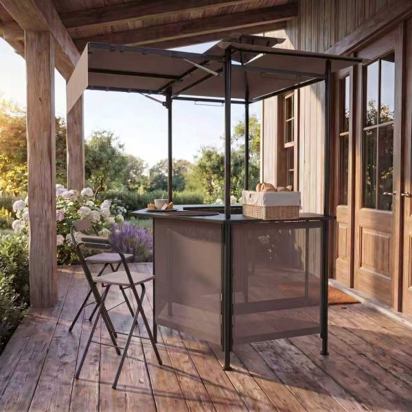 COSTWAY 3-Piece Patio Bar Set, Outdoor Grill Gazebo & 2 Folding Bar Stools w/4 Slatted Metal Shelves, 6 Hanging Hooks & Glass Holders for Grilling Essentials, 2-Tier BBQ Gazebo Canopy for Yard, Garden