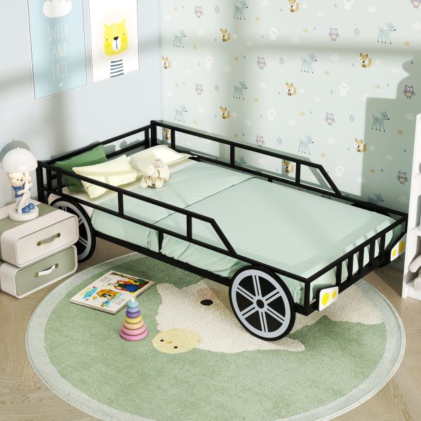 local-goods-image-21137b28fb8-70367419-1878-44b4-9b04-a08b5409a320 COSTWAY Twin Bed Frame for Kids, Race Car Themed Toddler Platform Bed with Metal Frame, Heavy-duty Slats, Safety Guardrails for Boys, Girls, No Box Spring Needed, Mattress Base w/ Wheel & Headlight Accents